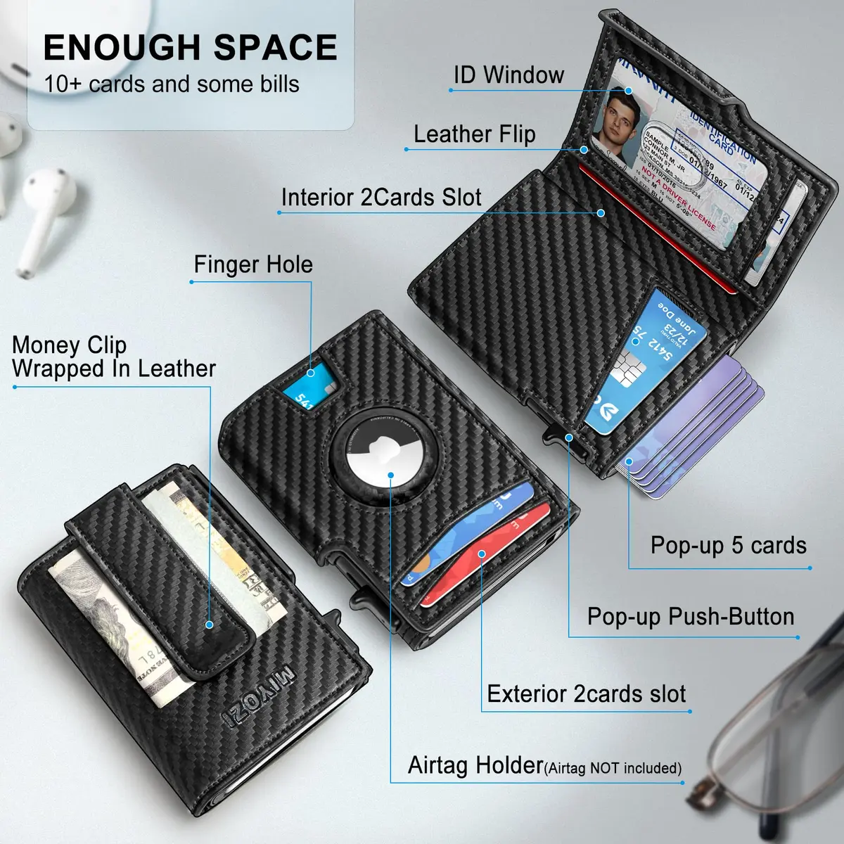 miyozi Airtag Wallet for Men, Slim Metal Card Holder with RFID Block & Money Clip - view 2