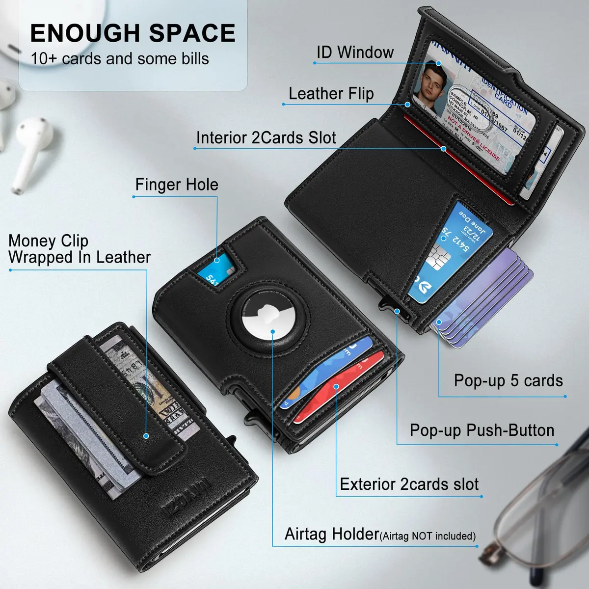 miyozi Airtag Wallet for Men, Slim RFID Wallet with Money Clip, 10 Card Slots, Magnetic Closure, Gift Box - view 2