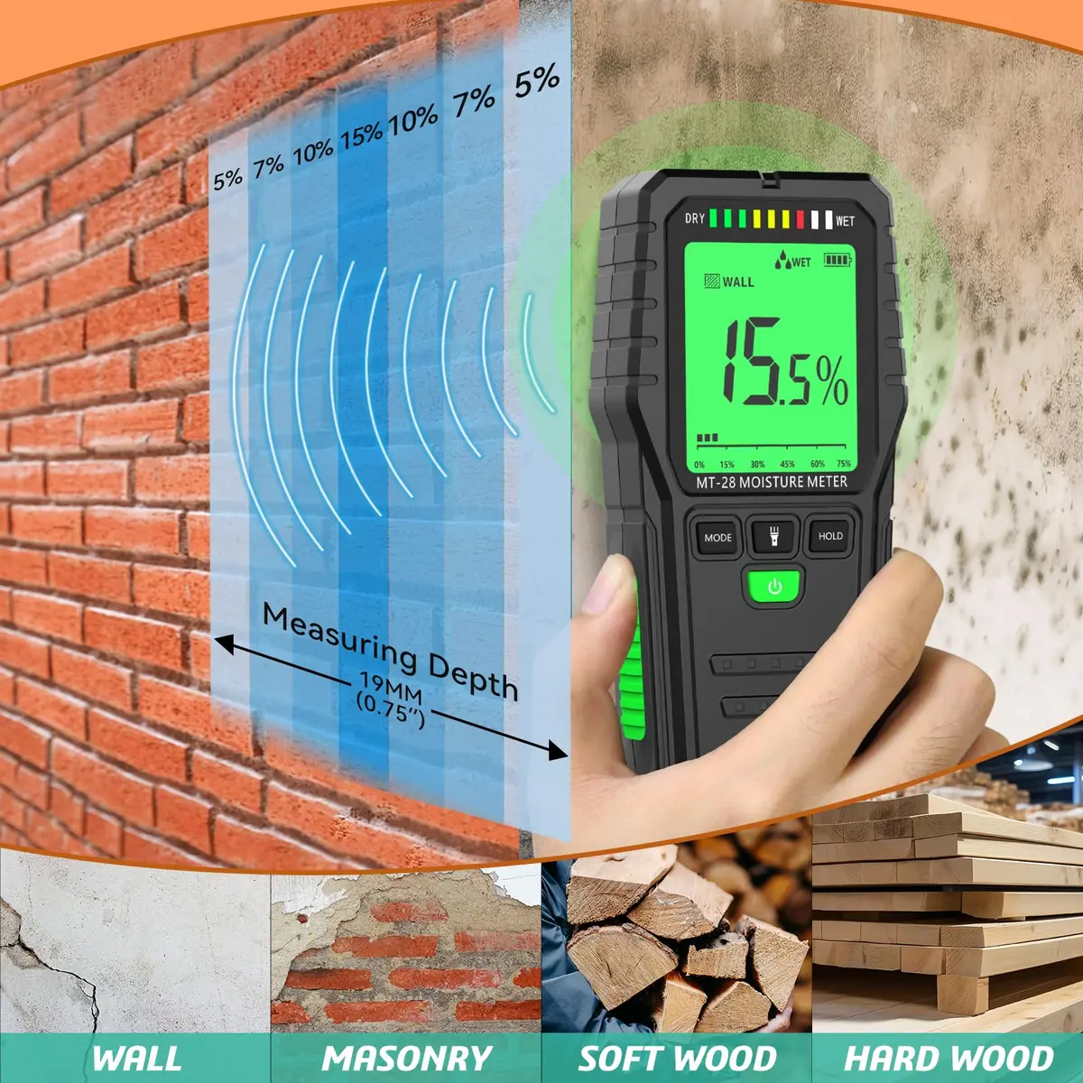 RDINSCOS Pinless Moisture Meter for Wood & Wall, 160g (5.6oz) | Non-Invasive Digital Moisture Tester for Building Materials - view 2