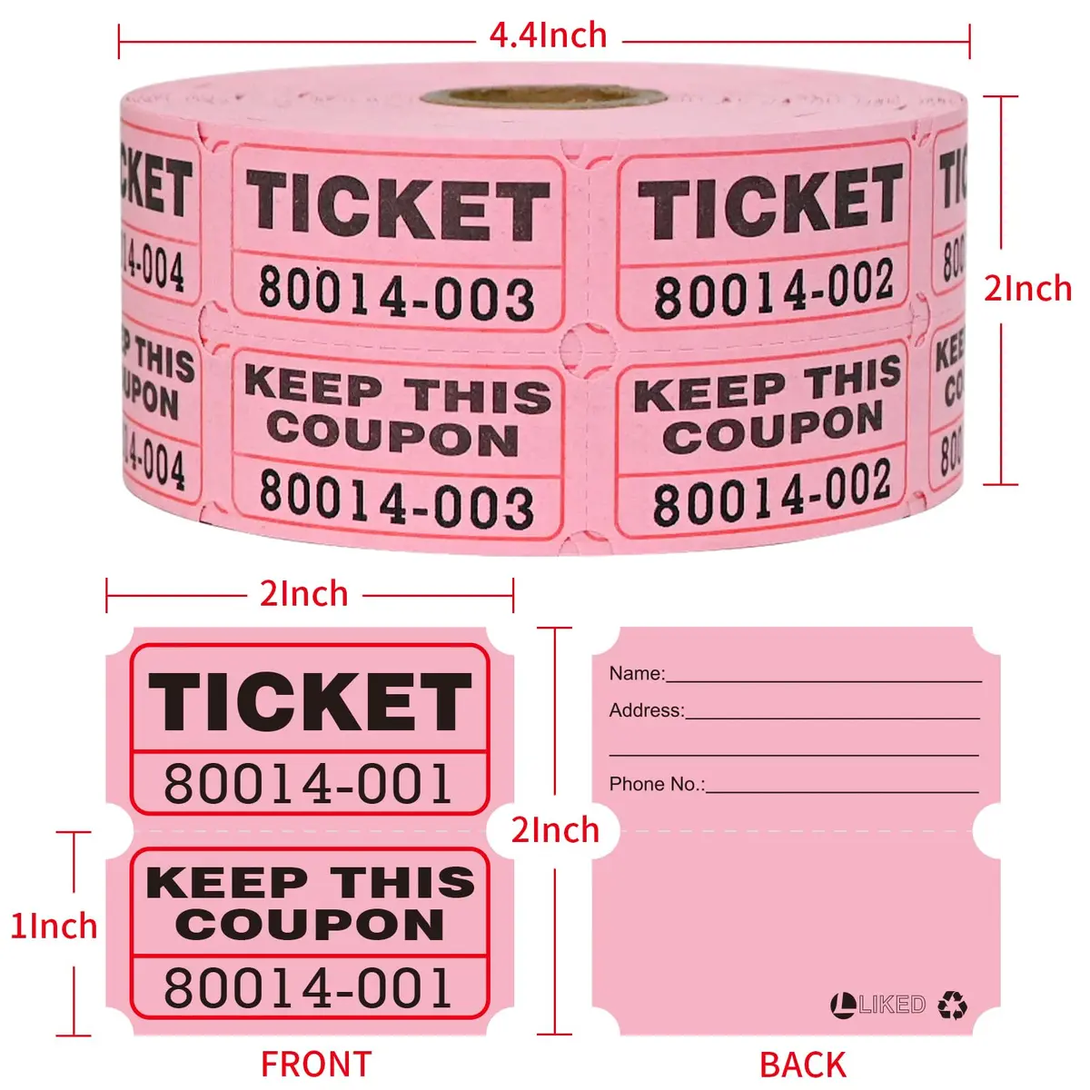 L LIKED Raffle Tickets Double Rolls Pink 1000 Pairs | Consecutive Numbering for Events - view 2