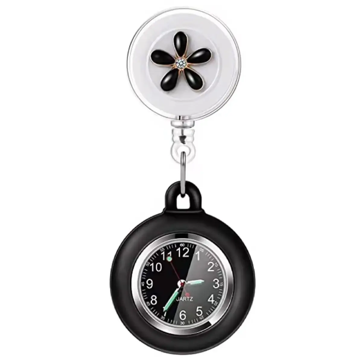 AGEN KGEN Flower Black Nurse Watch - Retractable Clip-On Fob Watch with Easy-Read Analog Dial - main product image