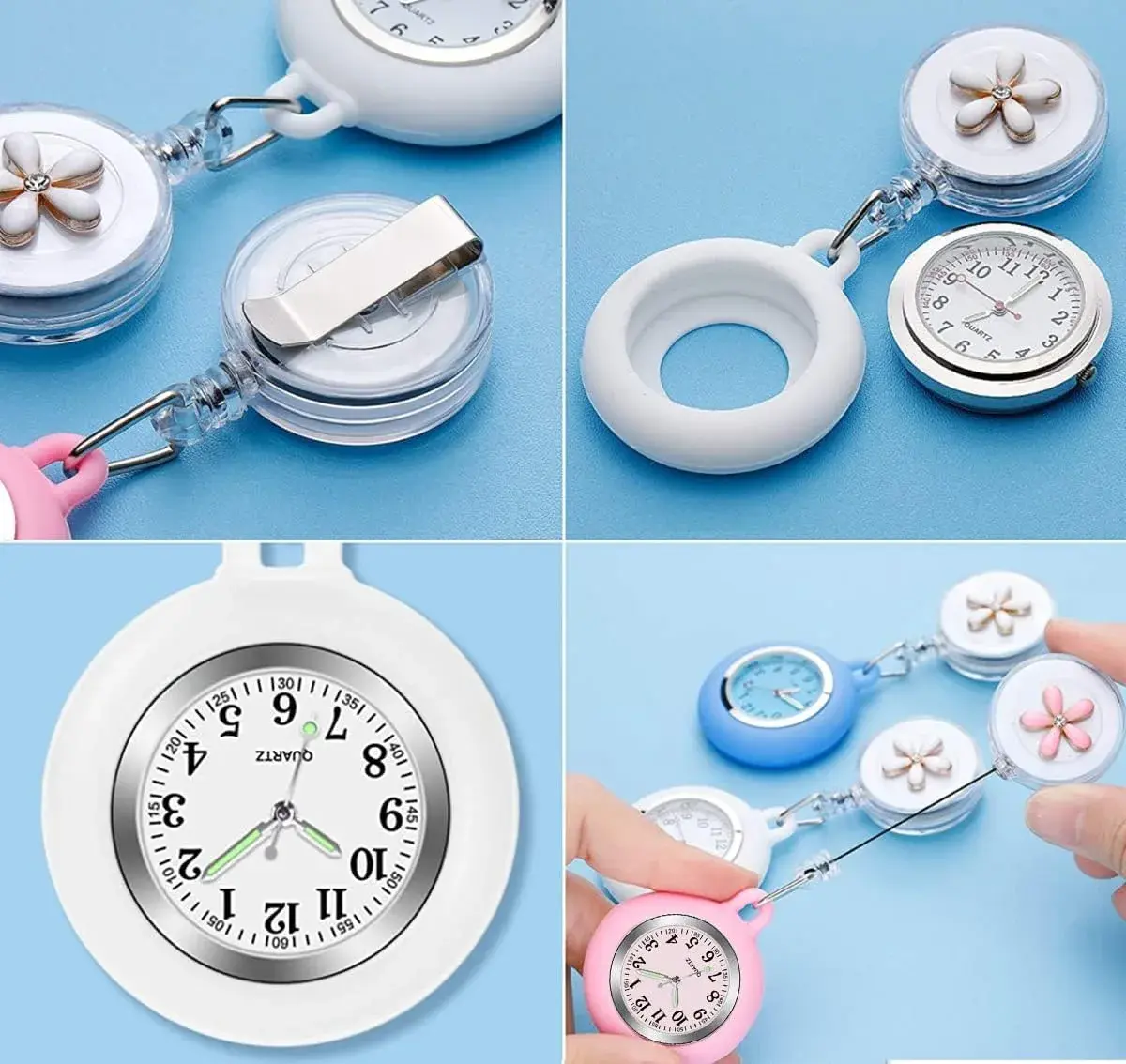 AGEN KGEN Flower Black Nurse Watch - Retractable Clip-On Fob Watch with Easy-Read Analog Dial - view 3