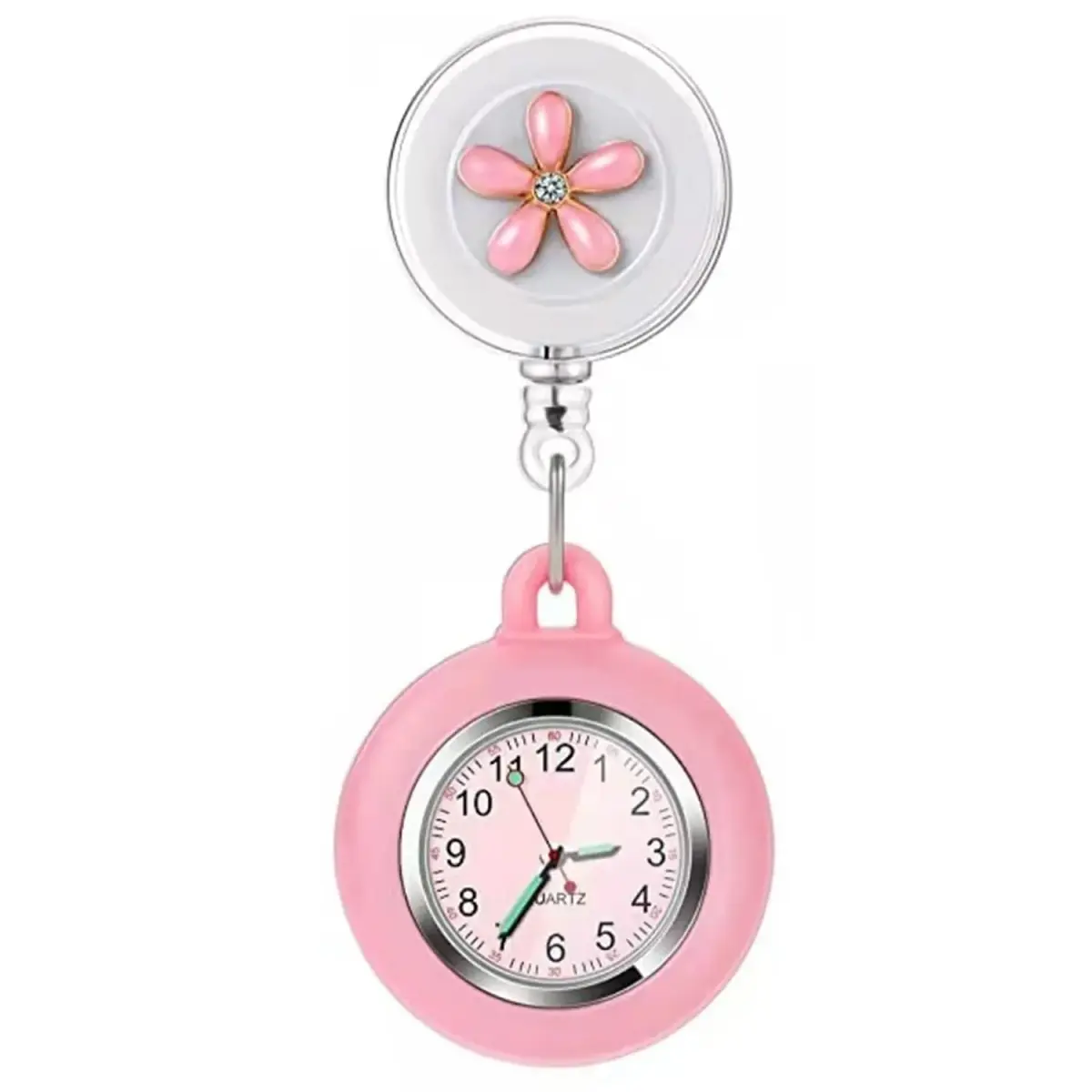 AGEN KGEN Flower Pink Nurse Watch - Retractable Clip-On Fob Watch with Easy-Read Analog Dial - main product image