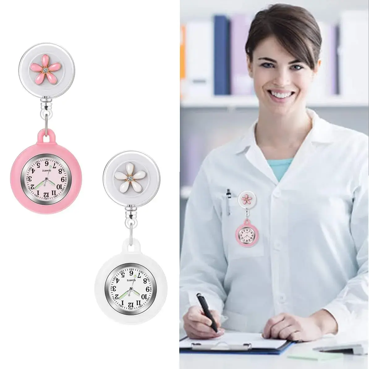 AGEN KGEN Flower Pink Nurse Watch - Retractable Clip-On Fob Watch with Easy-Read Analog Dial - view 4