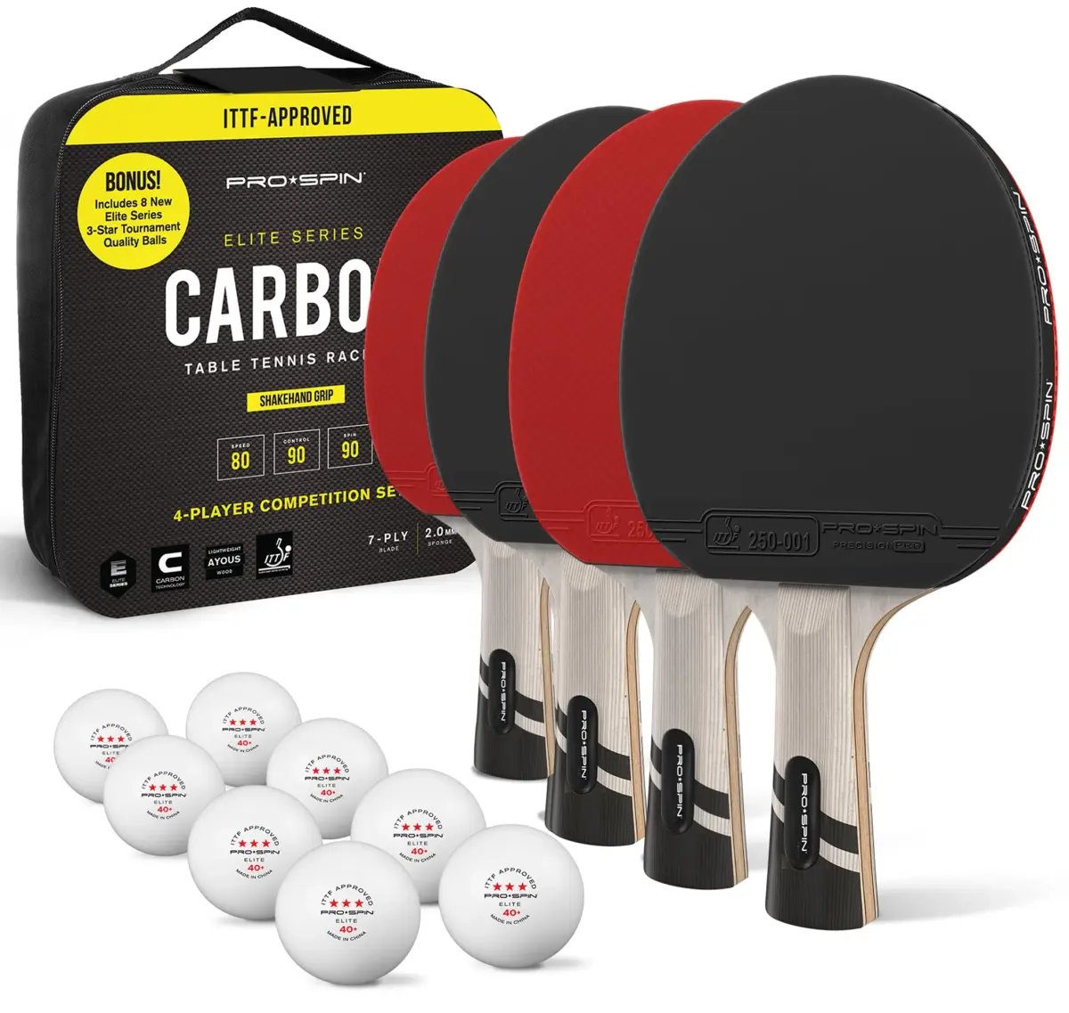 PRO-SPIN 4-Player Carbon Fiber Ping Pong Paddle Set with 8 ITTF Balls | Shakehand Grip, Red - main product image