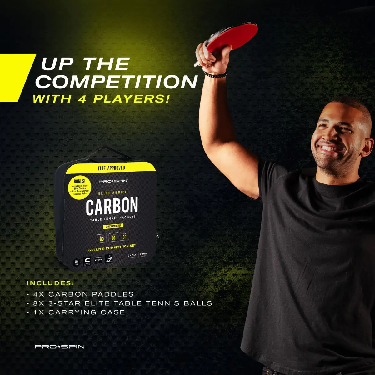 PRO-SPIN 4-Player Carbon Fiber Ping Pong Paddle Set with 8 ITTF Balls | Shakehand Grip, Red - view 8