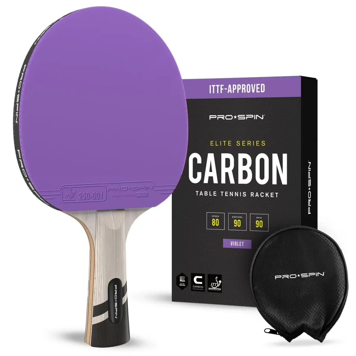 PRO-SPIN ITTF Approved Carbon Fiber Table Tennis Rackets | 7-Ply Blade, 2.0mm Sponge, Violet (1-Pack) - main product image