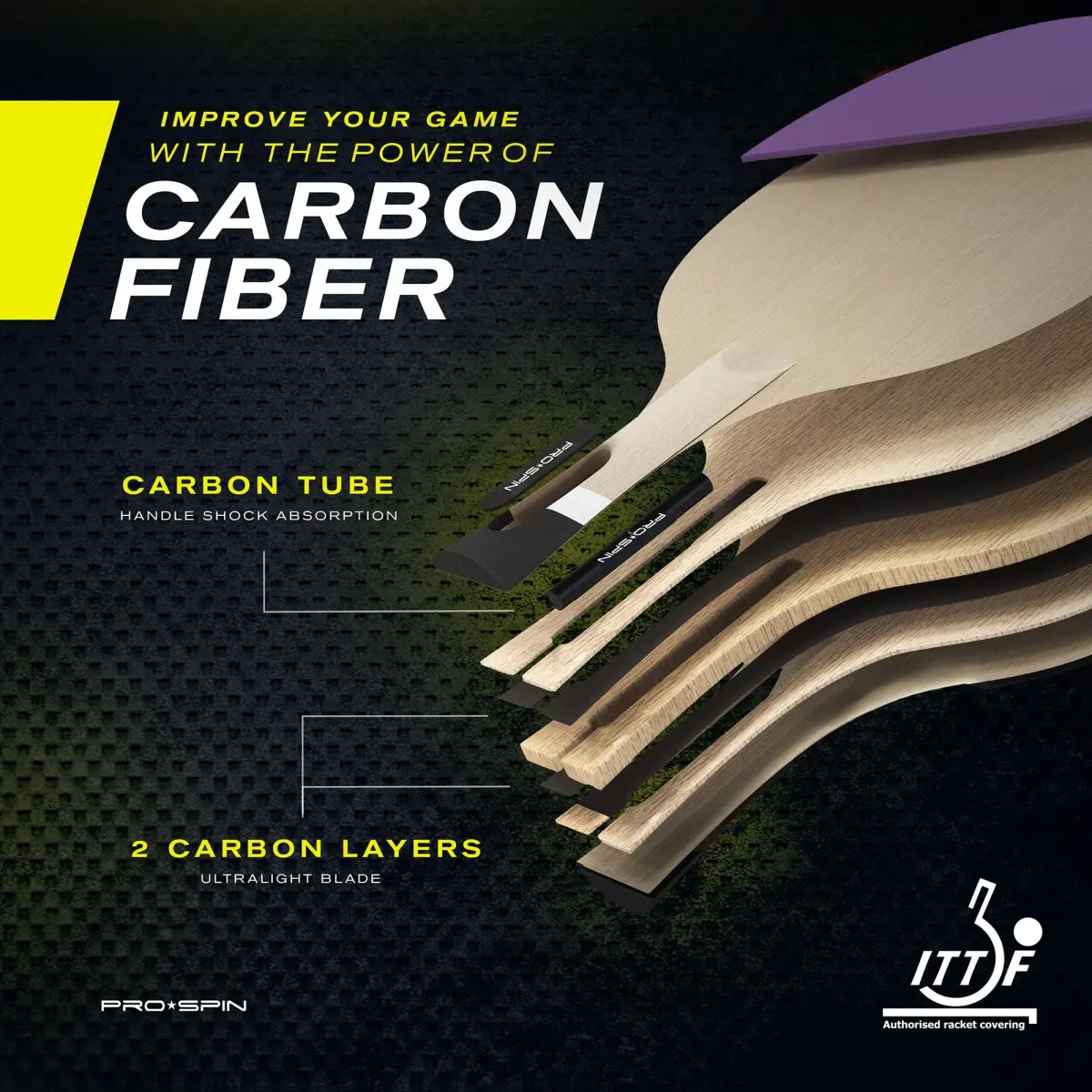 PRO-SPIN ITTF Approved Carbon Fiber Table Tennis Rackets | 7-Ply Blade, 2.0mm Sponge, Violet (1-Pack) - view 3