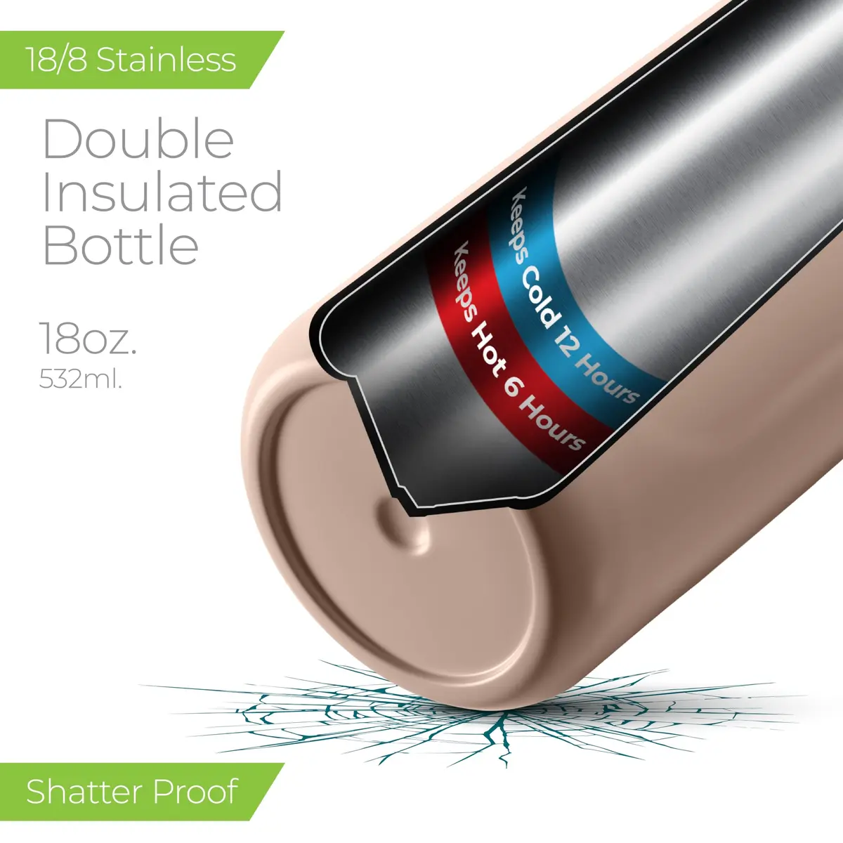SIPX Stainless Steel Water Bottle 18oz | Keeps Cold 24hr, Leak Proof Straw Lid, Reusable, BPA-Free, Hiking - view 2