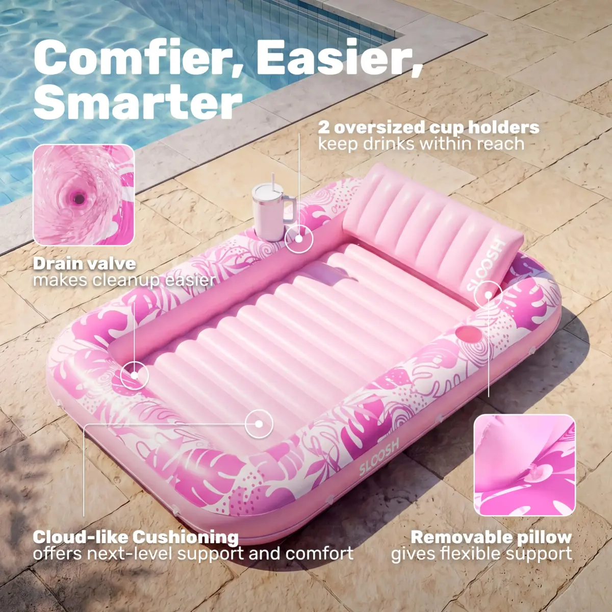 Sloosh Inflatable Tanning Pool Lounger Float 70" x 46" | Ergonomic Solo Comfort Design - view 4
