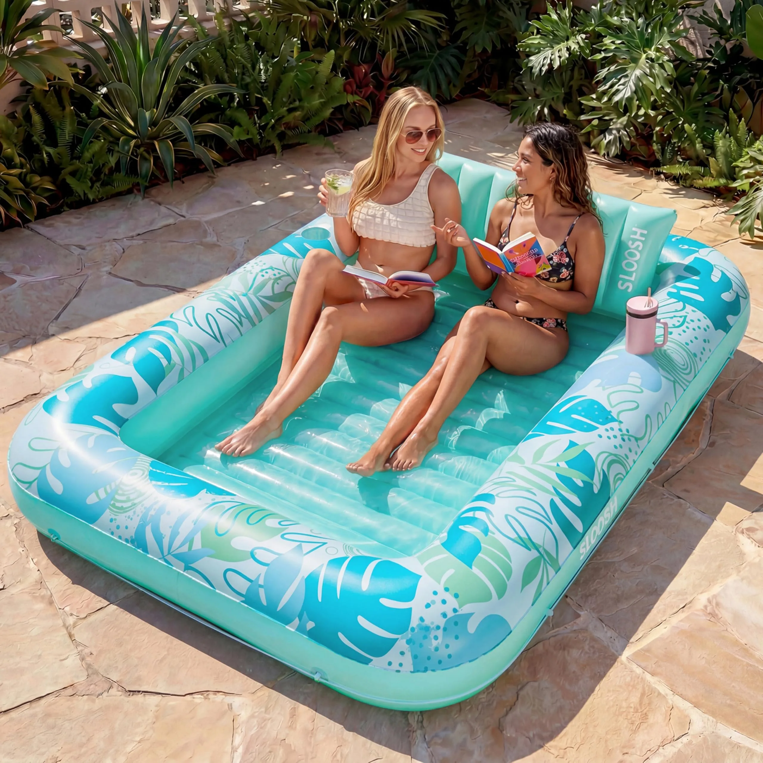 Sloosh Inflatable Tanning Pool Lounger Float XL (85" x 57") | Spacious Adult Pool Float with Pillow & Drink Holders - main product image