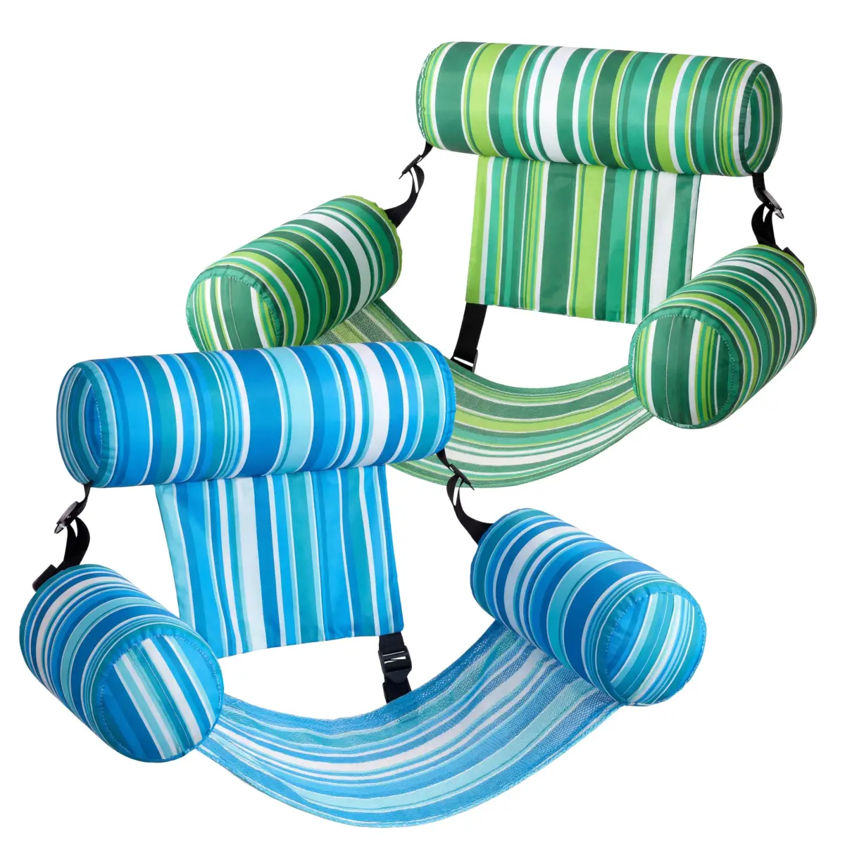Sloosh Inflatable Pool Lounge Chairs 2-Pack | 250 lb Weight Capacity, Stripe Pattern, Green/Blue - main product image
