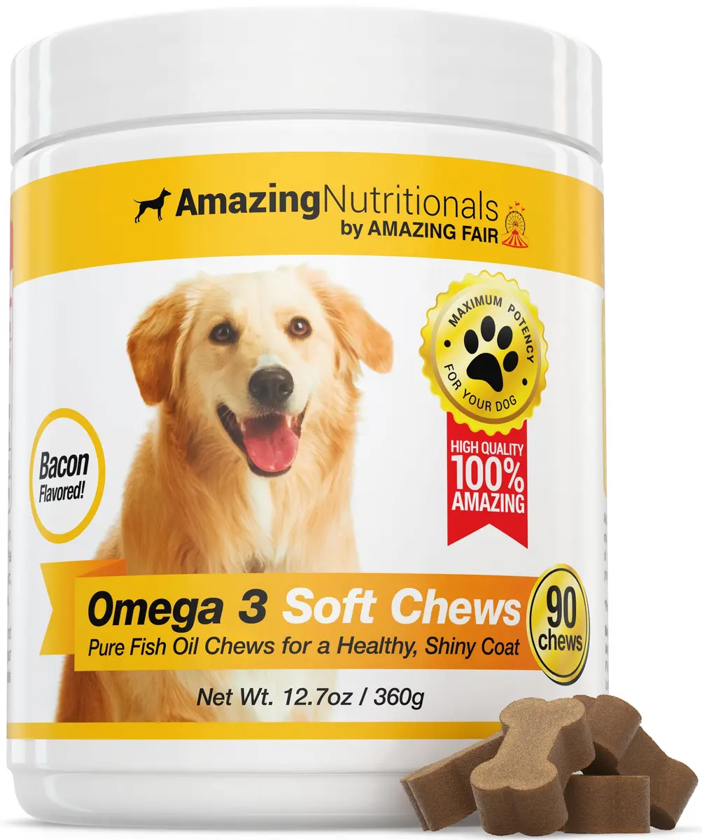 Amazing Omega 3 for Dogs - Fish Oil Soft Chews 90 Bacon Flavored | Skin & Coat Support - main product image