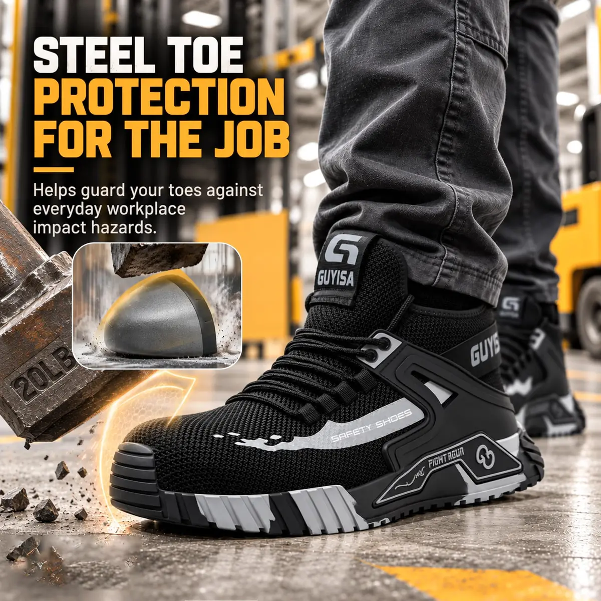 GUYISASH Steel Toe Shoes for Men Comfy Black Work Safety Shoes | Impact & Puncture Protection (120 chars) - view 6