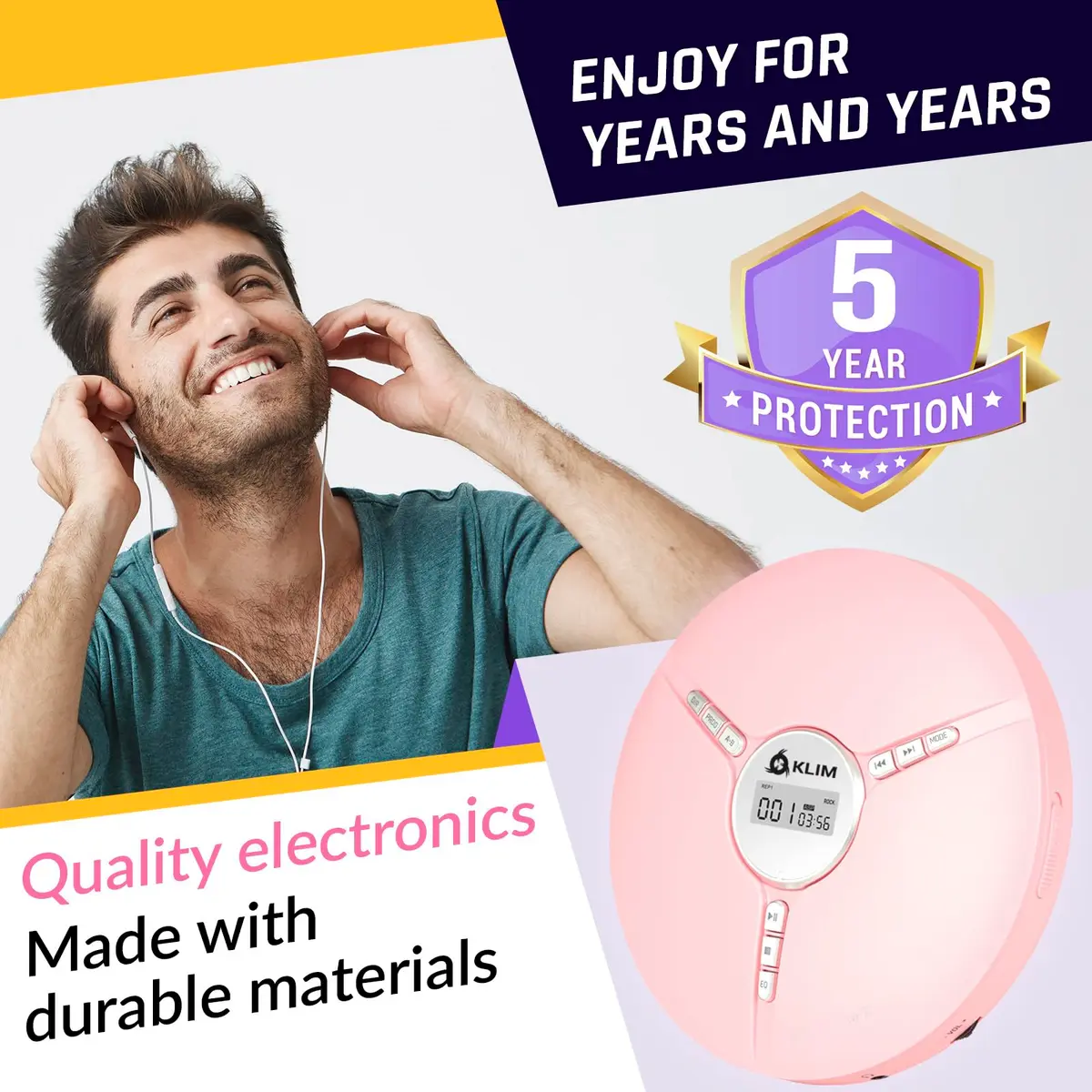 KLIM Discman Portable CD Player with Headphones, Built-in Battery, Pink | Anti-Skip Protection - view 6