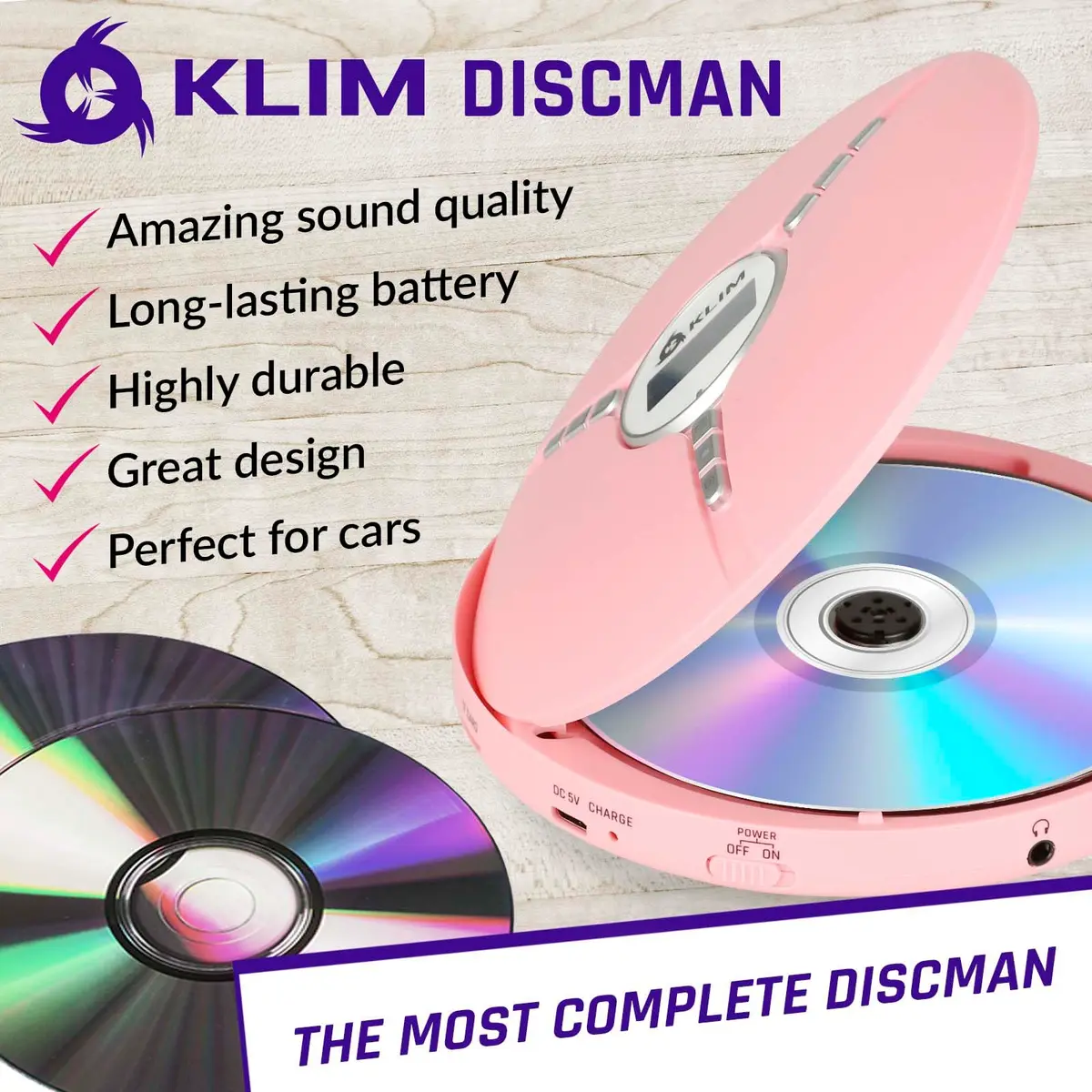 KLIM Discman Portable CD Player with Headphones, Built-in Battery, Pink | Anti-Skip Protection - view 2
