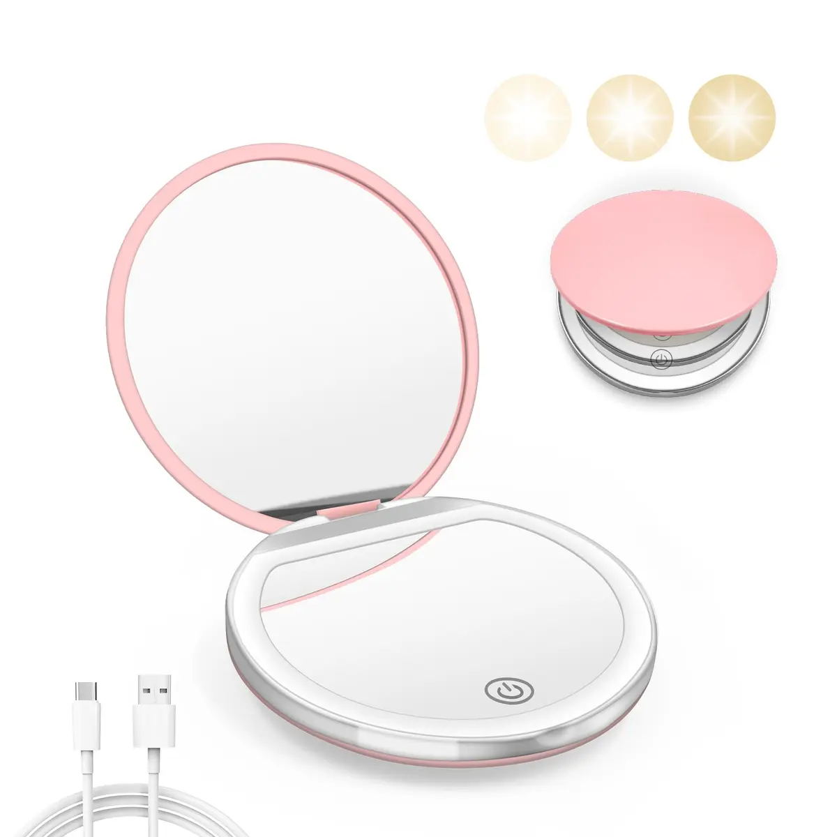 Kakuje Pink Compact Mirror with Light, 1X/3X Magnification LED Pocket Mirror | Rechargeable, Portable, Travel-Ready - main product image