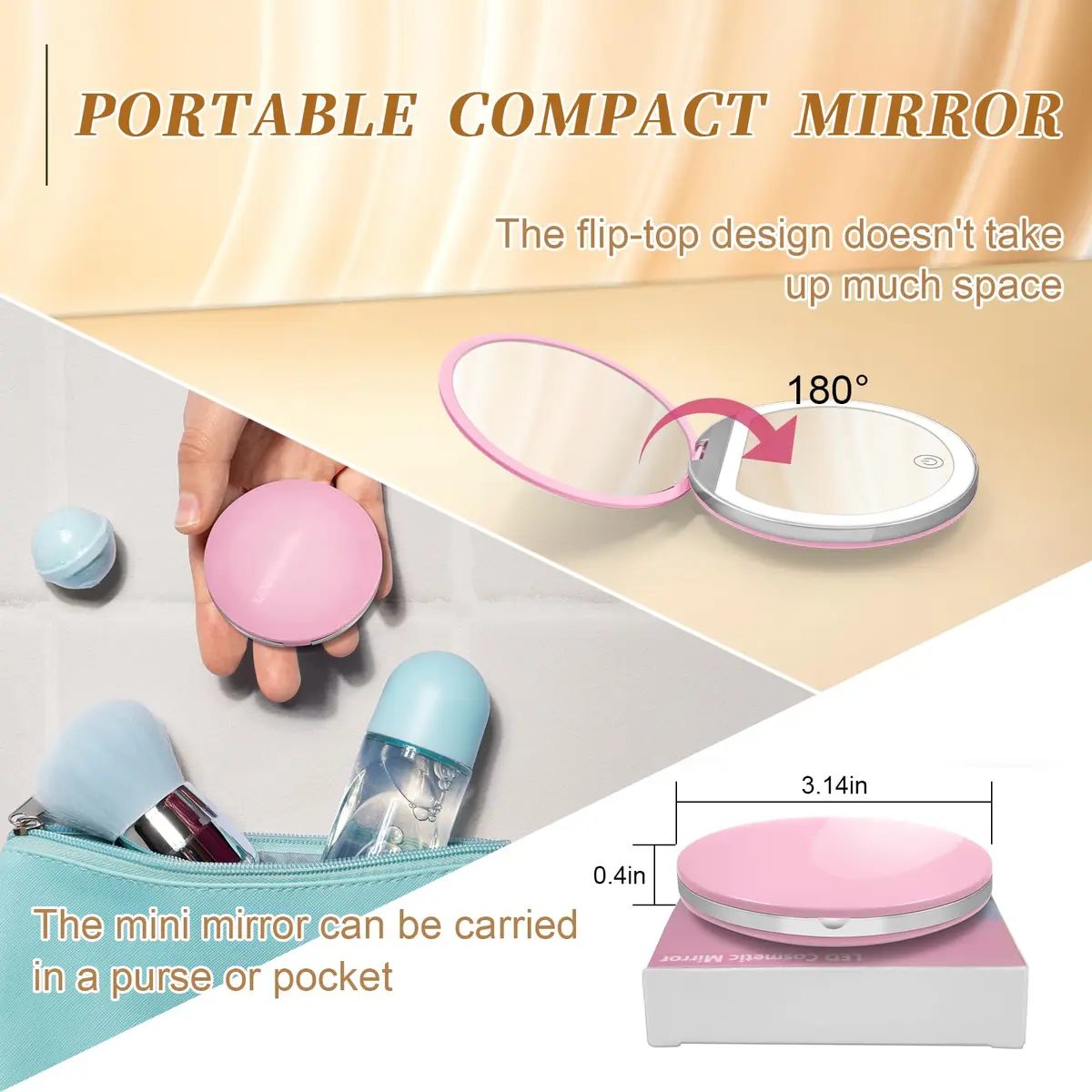 Kakuje Pink Compact Mirror with Light, 1X/3X Magnification LED Pocket Mirror | Rechargeable, Portable, Travel-Ready - view 6