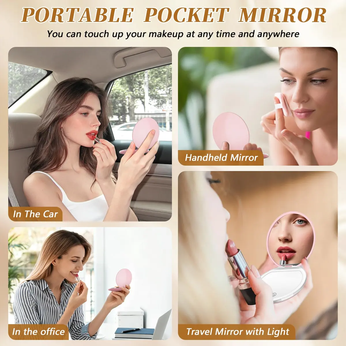 Kakuje Pink Compact Mirror with Light, 1X/3X Magnification LED Pocket Mirror | Rechargeable, Portable, Travel-Ready - view 2