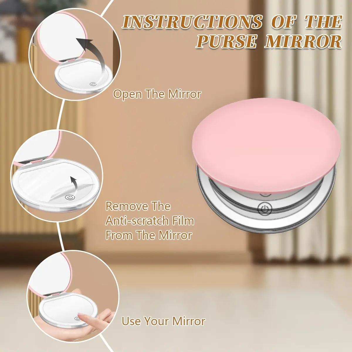Kakuje Pink Compact Mirror with Light, 1X/3X Magnification LED Pocket Mirror | Rechargeable, Portable, Travel-Ready - view 3