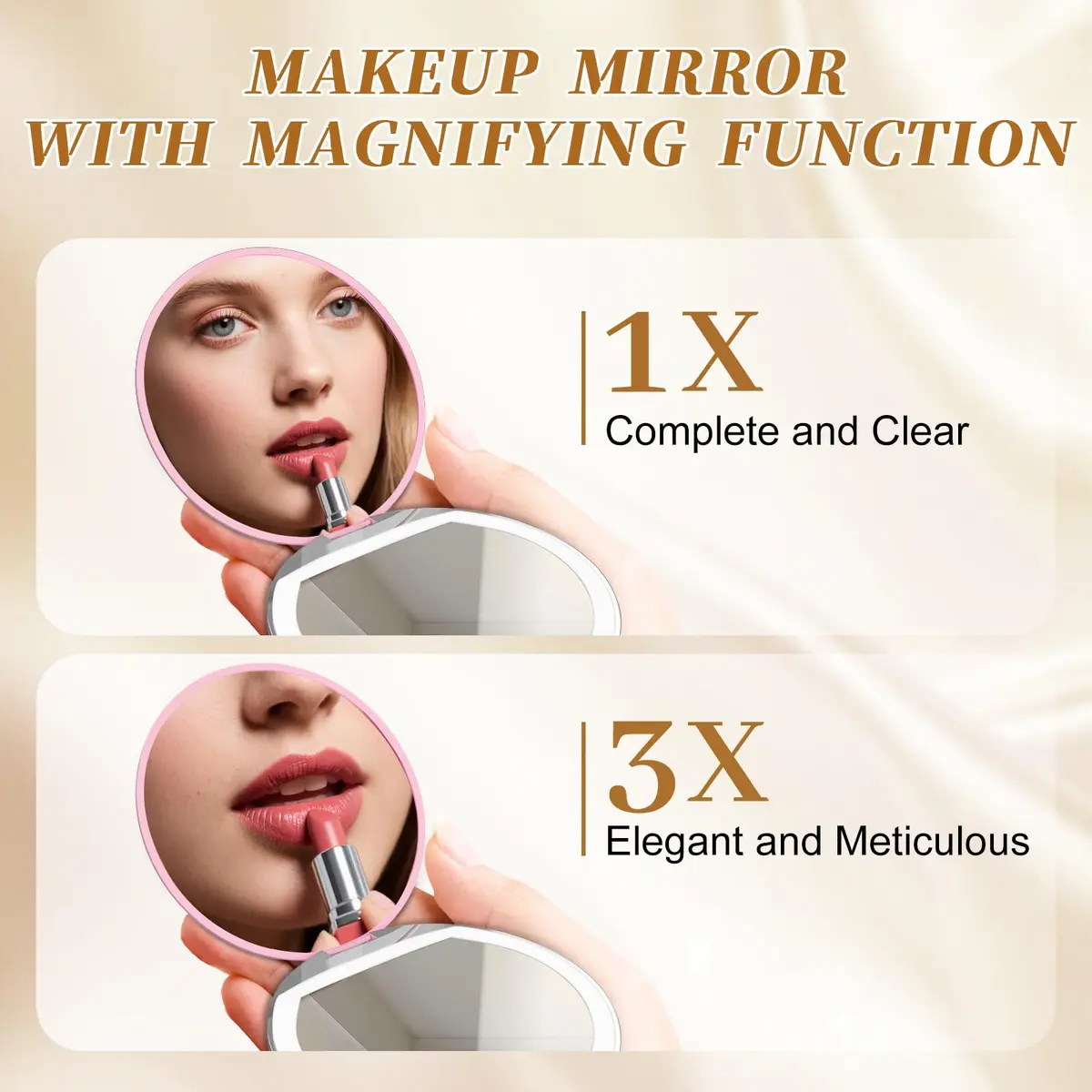 Kakuje Pink Compact Mirror with Light, 1X/3X Magnification LED Pocket Mirror | Rechargeable, Portable, Travel-Ready - view 4