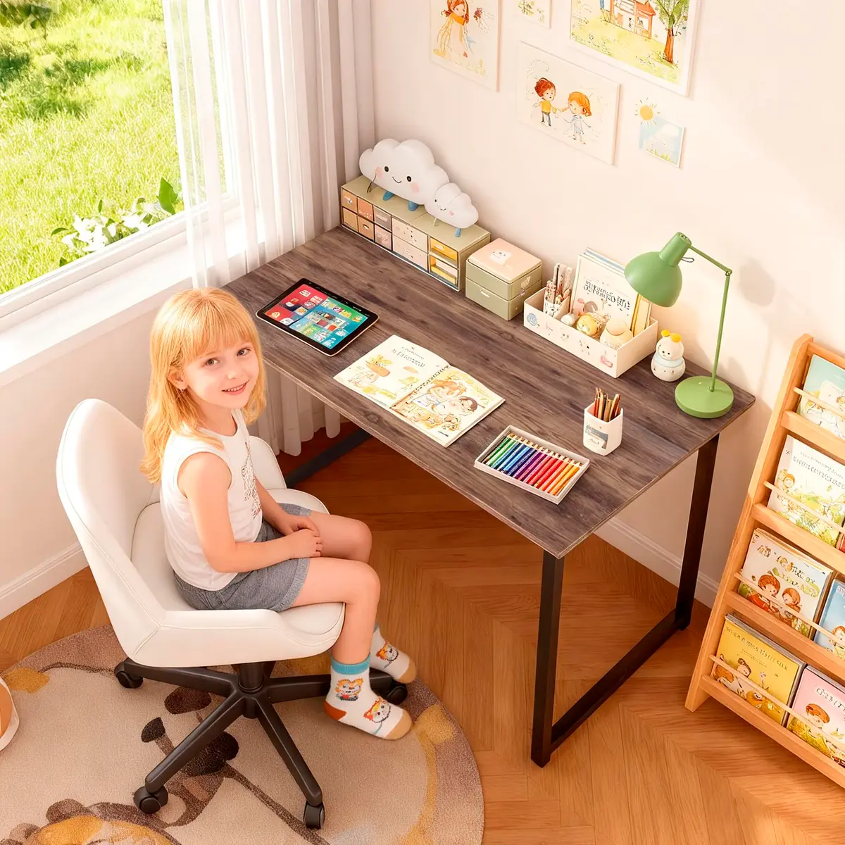 PayLessHere 32 Inch Computer Desk Brown | Sturdy Office Desk with 3 Drawers & Metal Frame - view 6