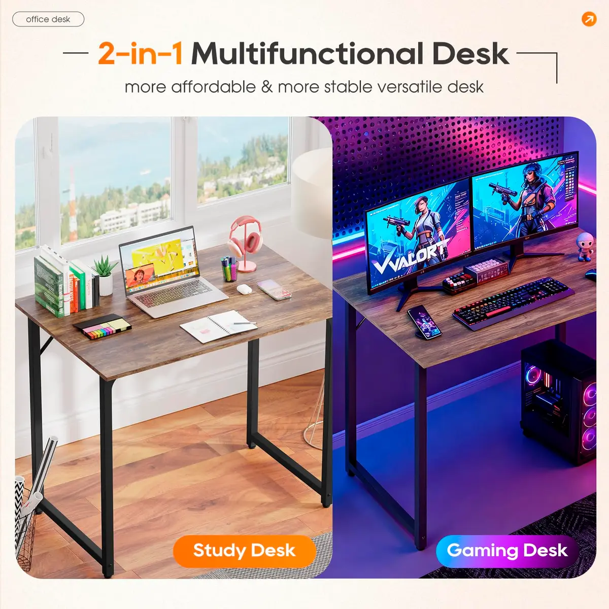 PayLessHere 32 Inch Computer Desk Brown | Sturdy Office Desk with 3 Drawers & Metal Frame - view 3