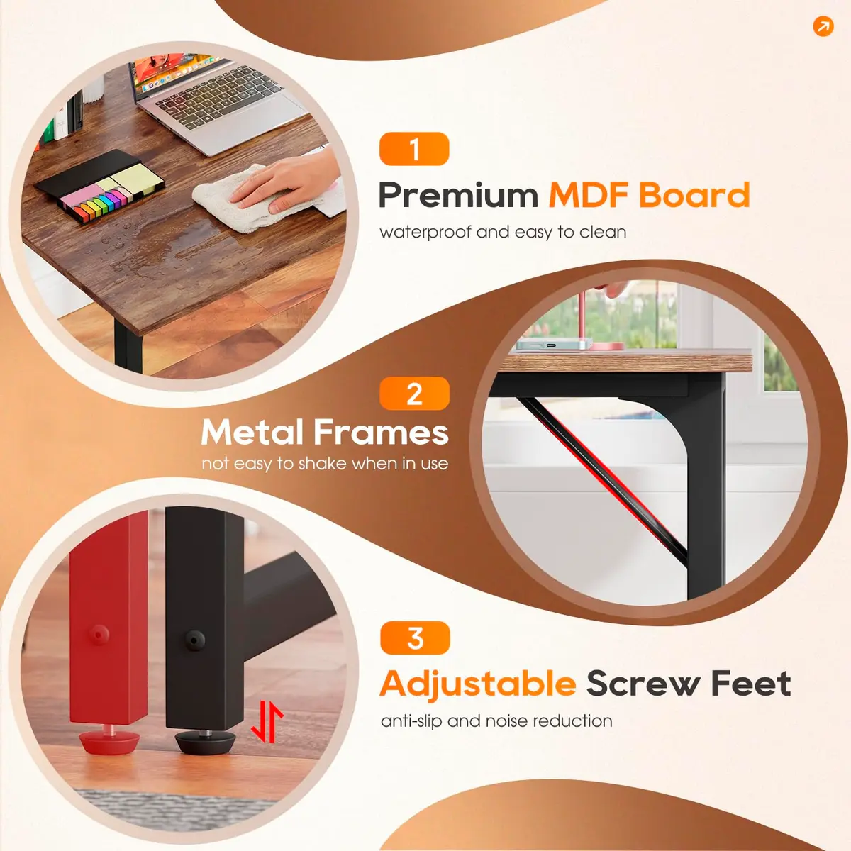 PayLessHere 32 Inch Computer Desk Brown | Sturdy Office Desk with 3 Drawers & Metal Frame - view 4