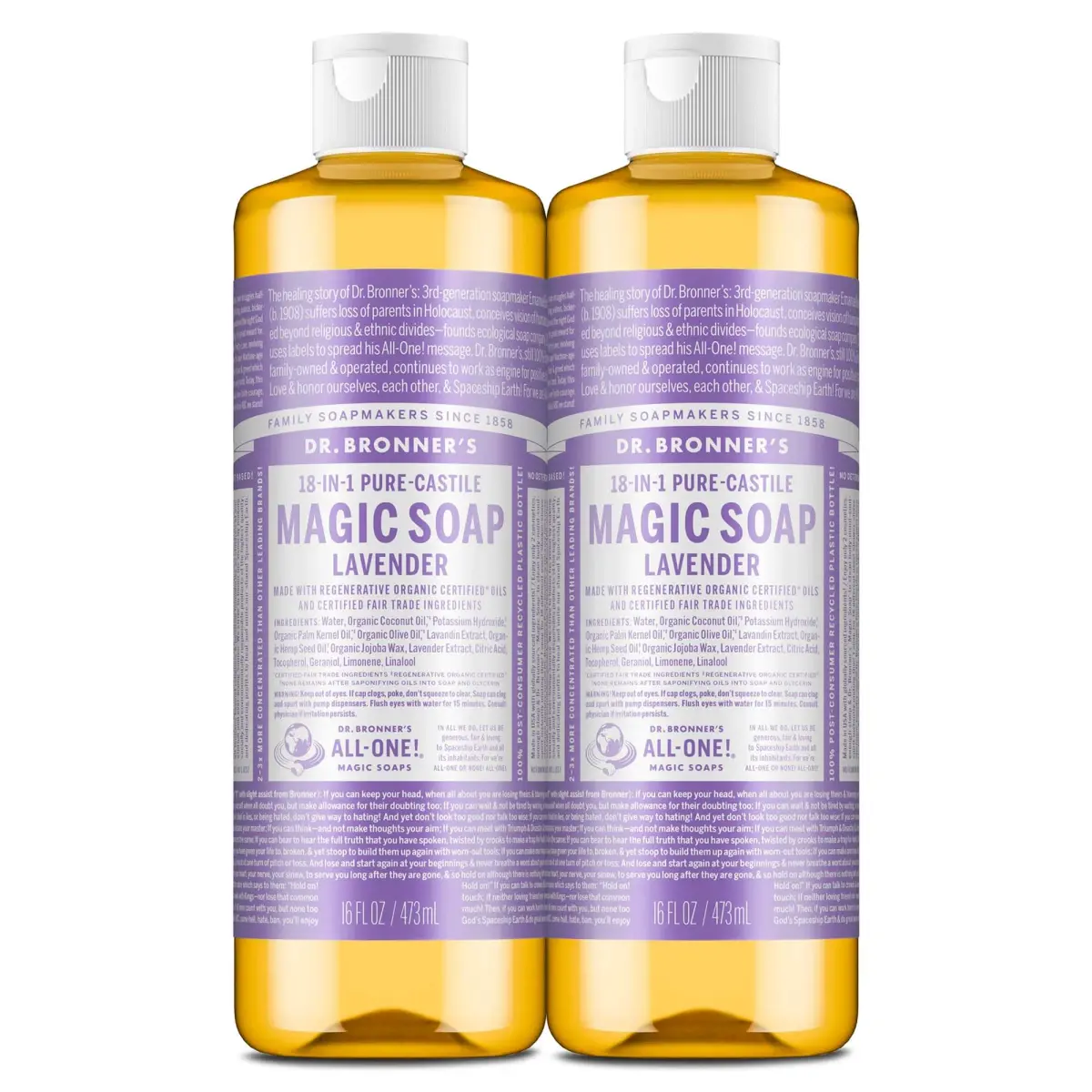 Dr. Bronner's Lavender Pure-Castile Liquid Soap 16 fl oz (32 US fl oz) | Gentle Multi-Use Cleanser for Skin, Hair, and Home - main product image