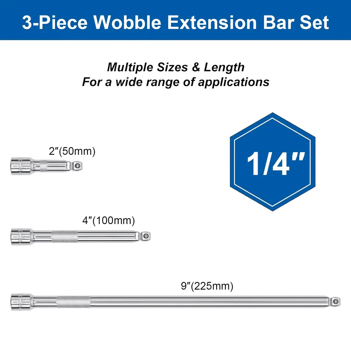DAKCOS 3 Piece 1/4 Inch Drive Wobble Extension Set 2/4/9 in | Chrome Vanadium Steel - view 2