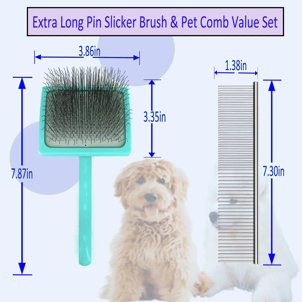 DSKRUI Extra Long Pin Dog Grooming Brush & Stainless Steel Comb Value Kit | Gentle Detangling for Medium & Long Haired Dogs - view 4
