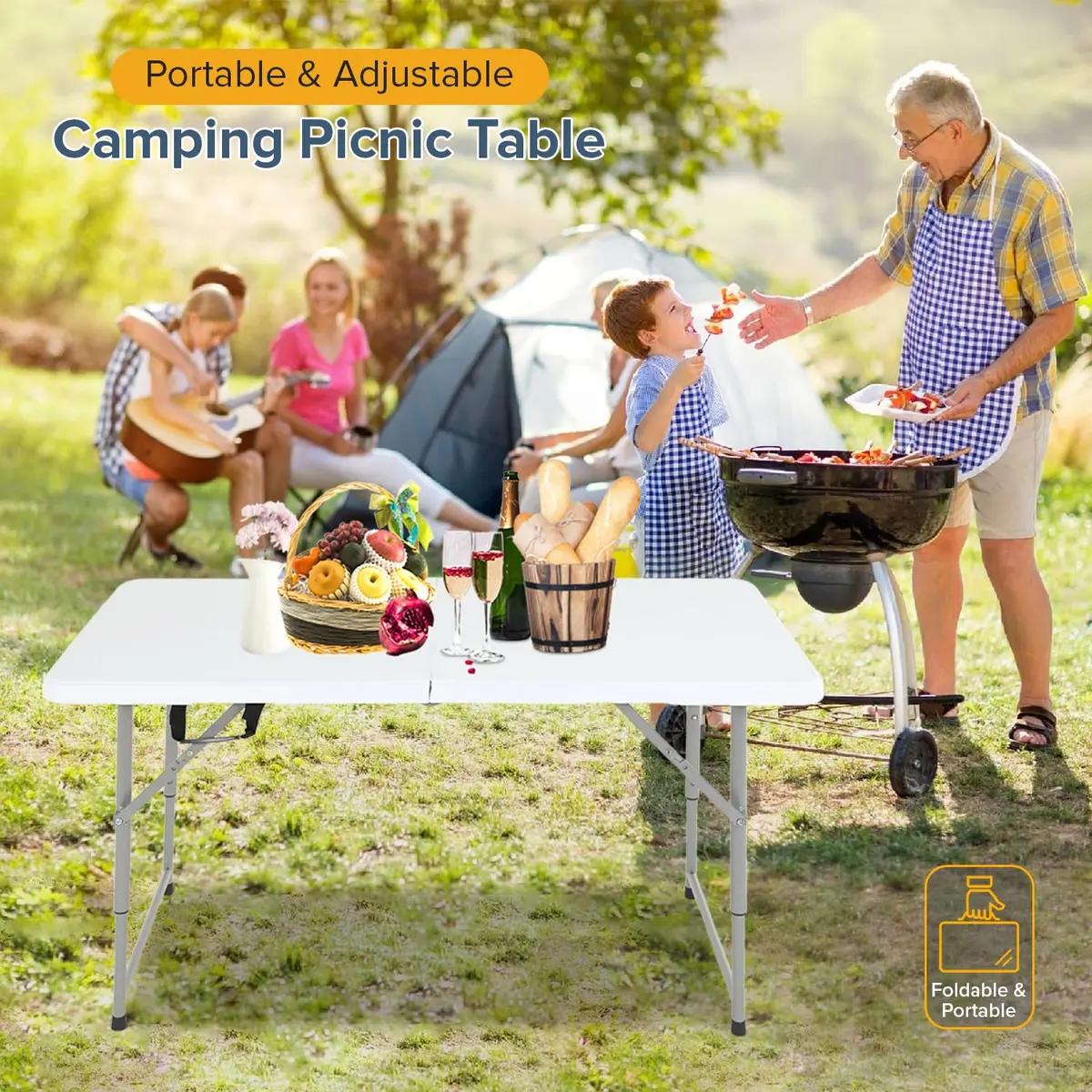 Dopinmin 4 FT Foldable Camping Table with Handle | Portable Plastic Picnic Table in White - view 2