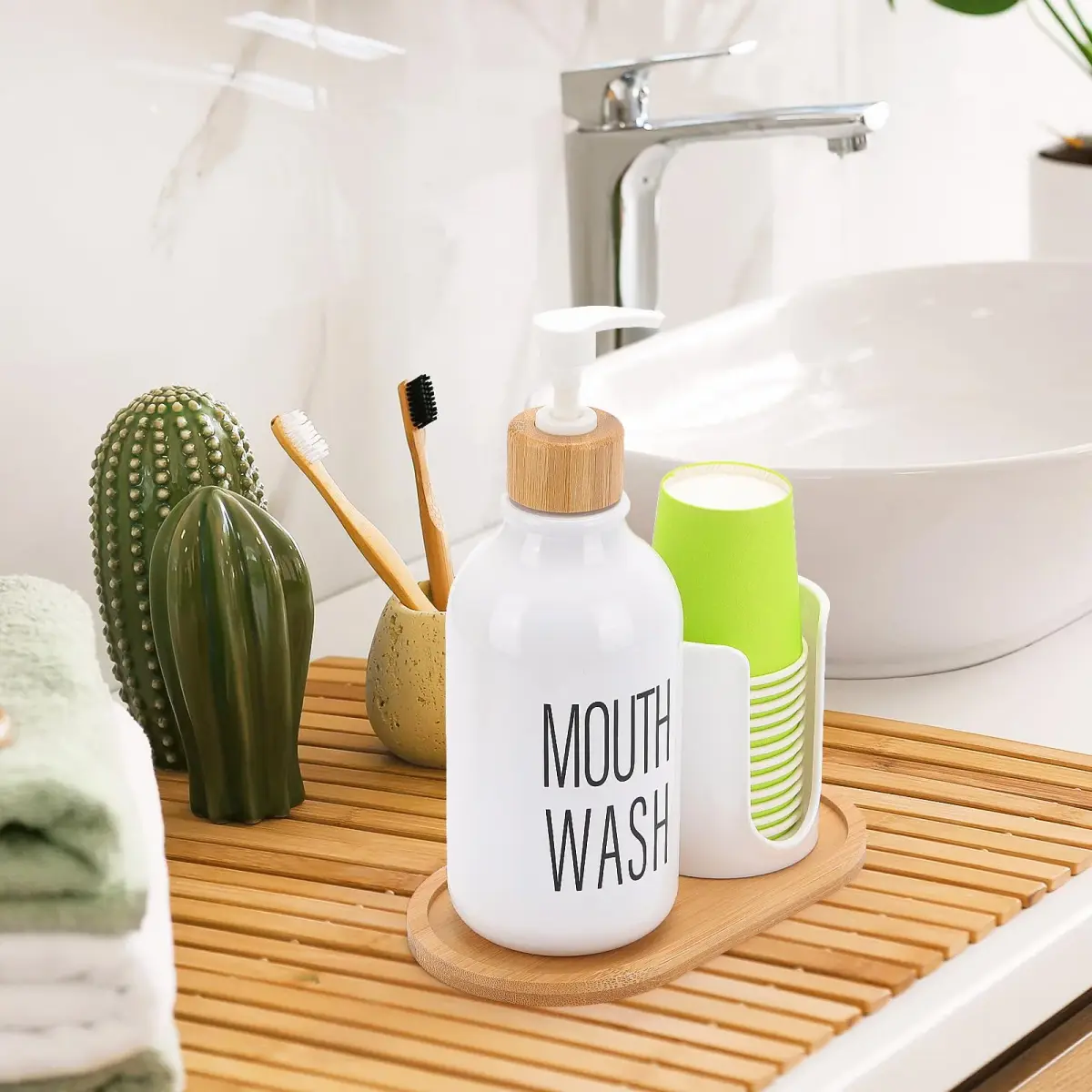 Tbestmax White 17oz Pump Dispenser with Cup Holder & Tray | Organizes Bathroom Countertops - view 7