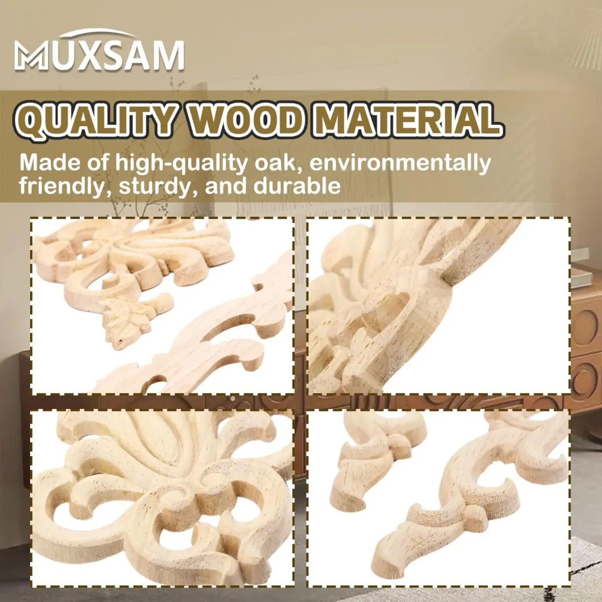 MUXSAM Wood Carved Appliques Onlays 20 cm (7.87") | 4-Pair Set for Furniture Corners - view 5