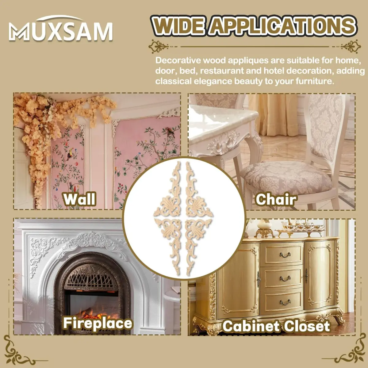 MUXSAM Wood Carved Appliques Onlays 20 cm (7.87") | 4-Pair Set for Furniture Corners - view 6
