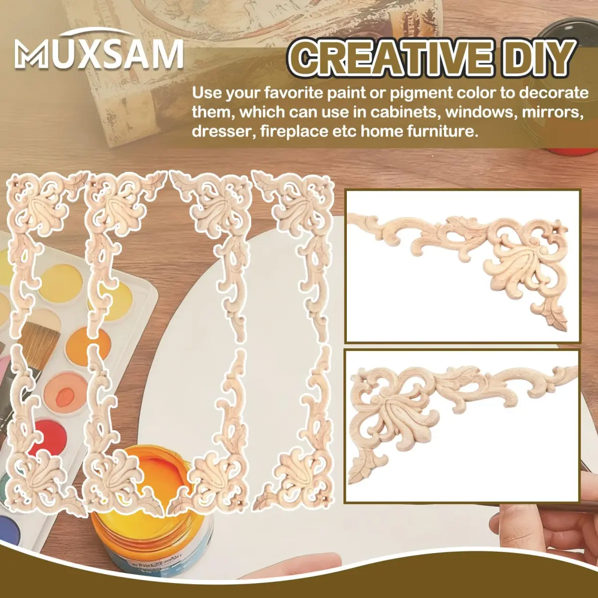 MUXSAM Wood Carved Appliques Onlays 20 cm (7.87") | 4-Pair Set for Furniture Corners - view 7