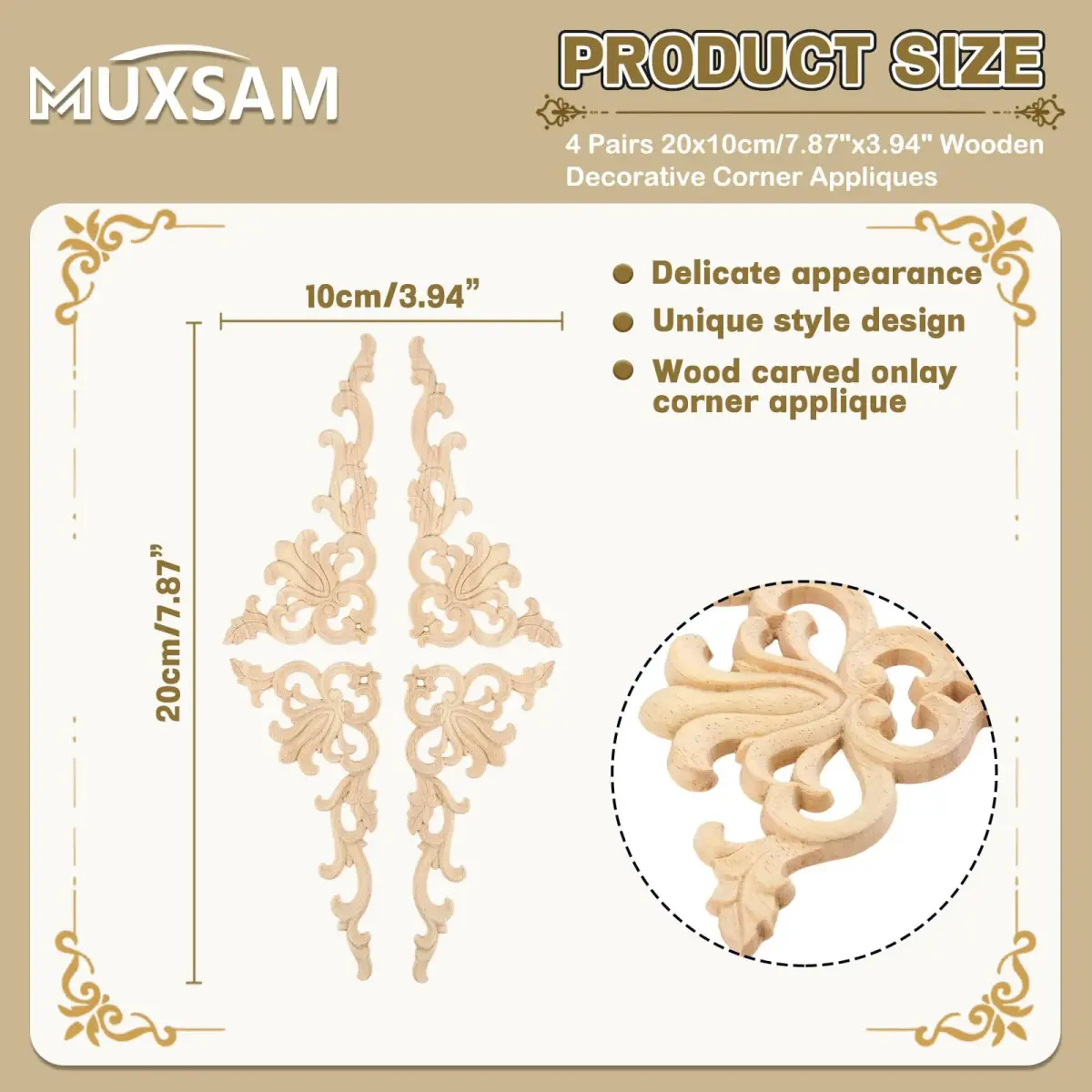MUXSAM Wood Carved Appliques Onlays 20 cm (7.87") | 4-Pair Set for Furniture Corners - view 2
