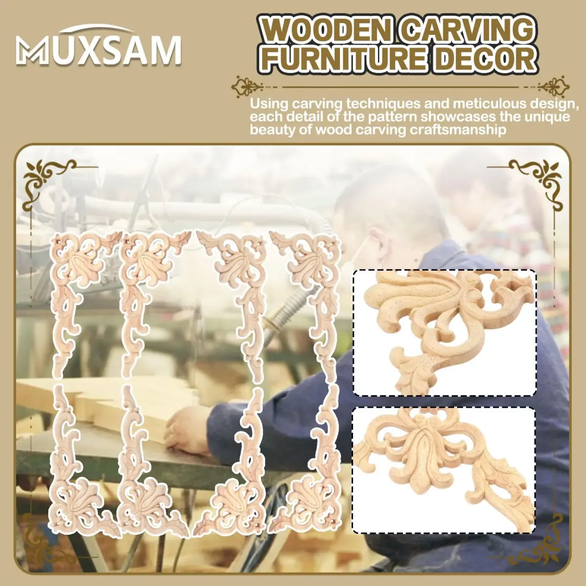 MUXSAM Wood Carved Appliques Onlays 20 cm (7.87") | 4-Pair Set for Furniture Corners - view 3