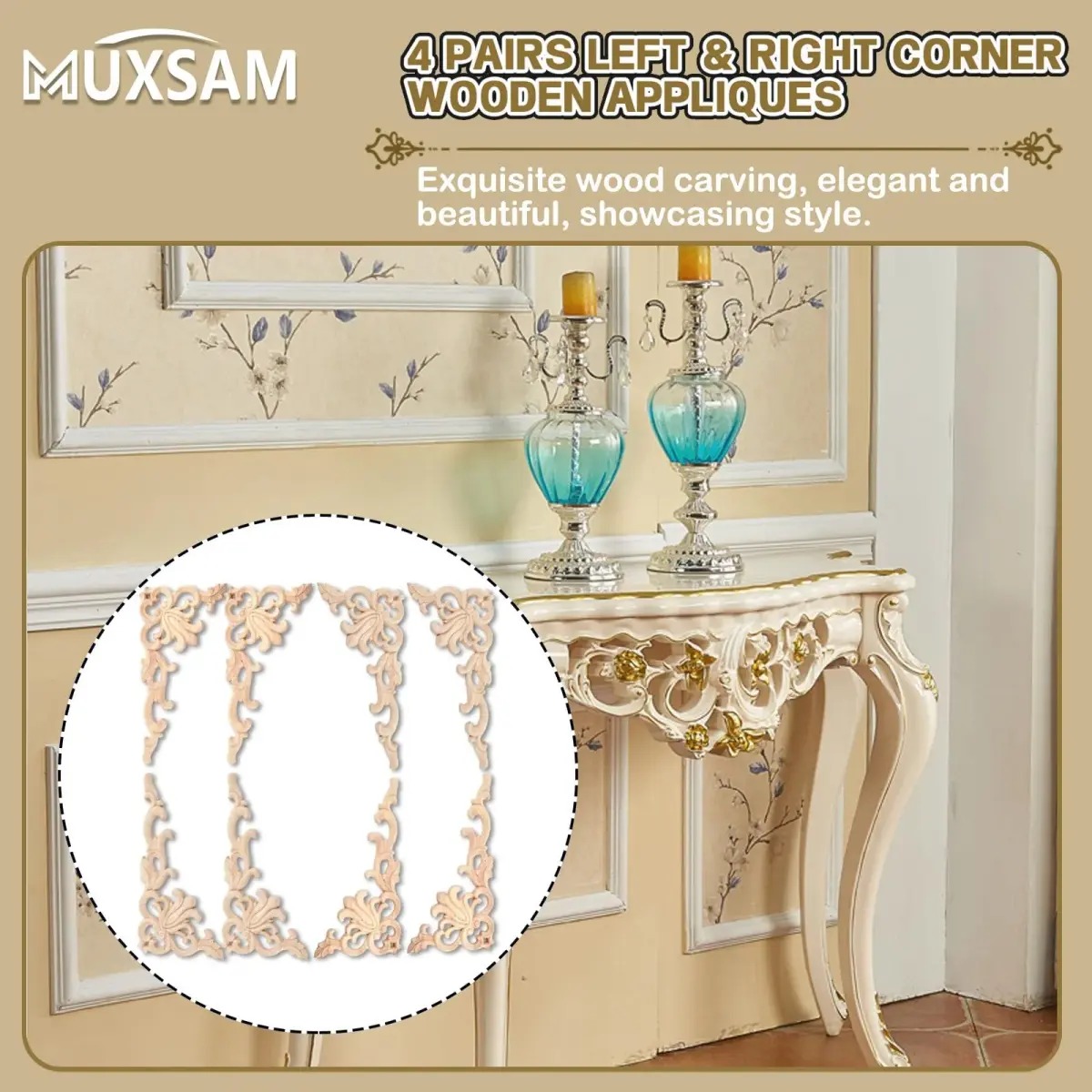 MUXSAM Wood Carved Appliques Onlays 20 cm (7.87") | 4-Pair Set for Furniture Corners - view 4