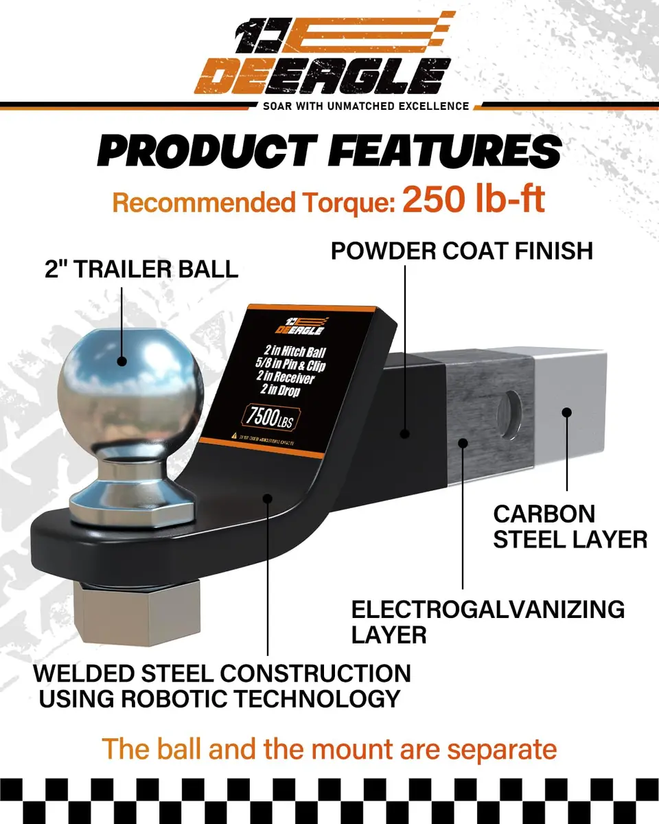 DEEAGLE 2 Inch Trailer Ball Hitch with Pin, 7500lbs GTW | Fits 2" Receivers - view 4