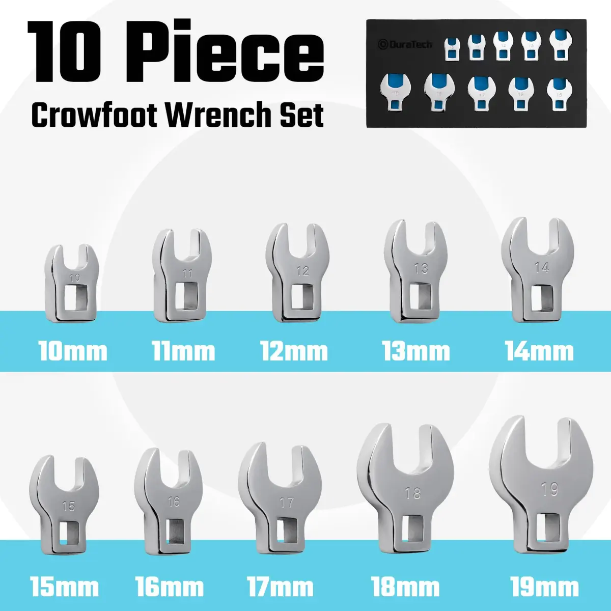DURATECH 10-Piece 3/8" Drive Crowfoot Wrench Set Metric 10-19mm | CR-V Steel with EVA Organizer - view 2