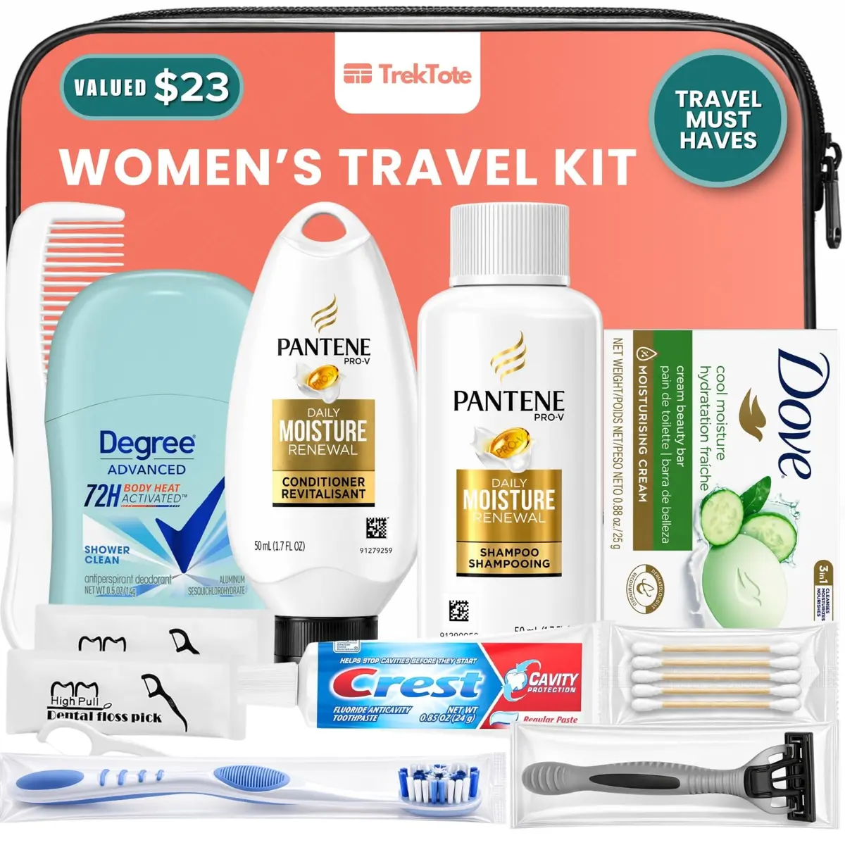 TREKTOTE Travel Essentials Kit for Women – 15 Piece TSA Approved Toiletry Bag & Travel Size Kit - main product image