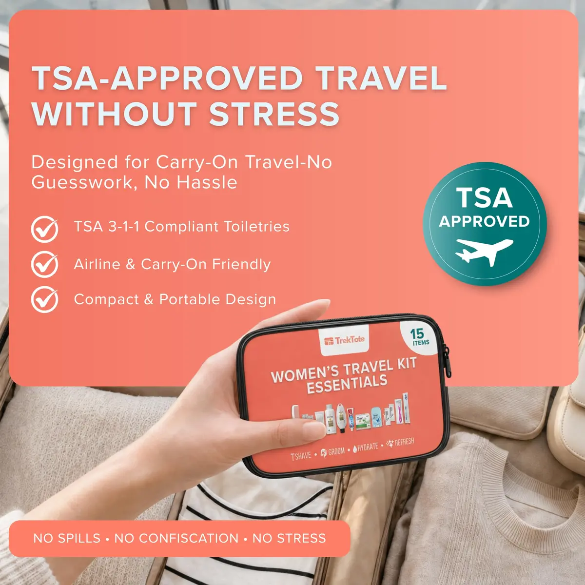 TREKTOTE Travel Essentials Kit for Women – 15 Piece TSA Approved Toiletry Bag & Travel Size Kit - view 4