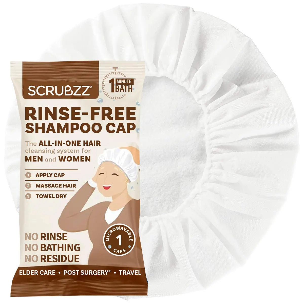 Scrubzz Waterless Shampoo Cap Coconut Vanilla | No Rinse Hair Wash for Elderly & Bedridden (70-120 chars) - main product image