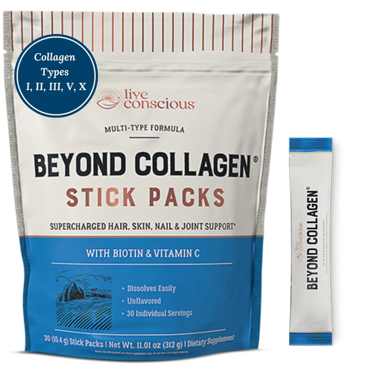 Live Conscious Beyond Collagen Peptides Powder Packets 30 Count | Multi-Type Collagen for Hair, Skin, Nails & Joints - main product image