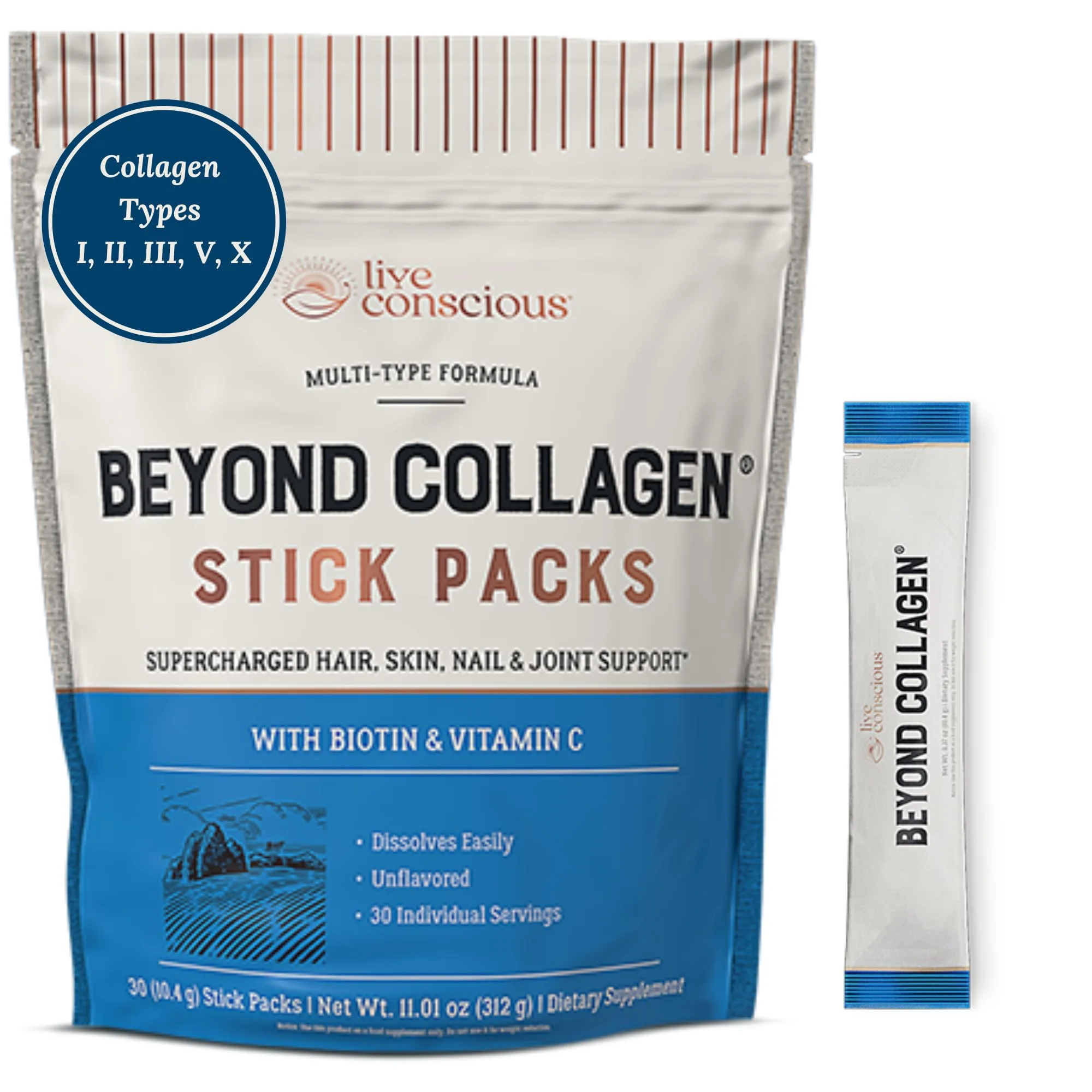 Live Conscious Beyond Collagen Peptides Powder Packets | Multi-Type Collagen for Hair Skin Nail & Joint Support - main product image