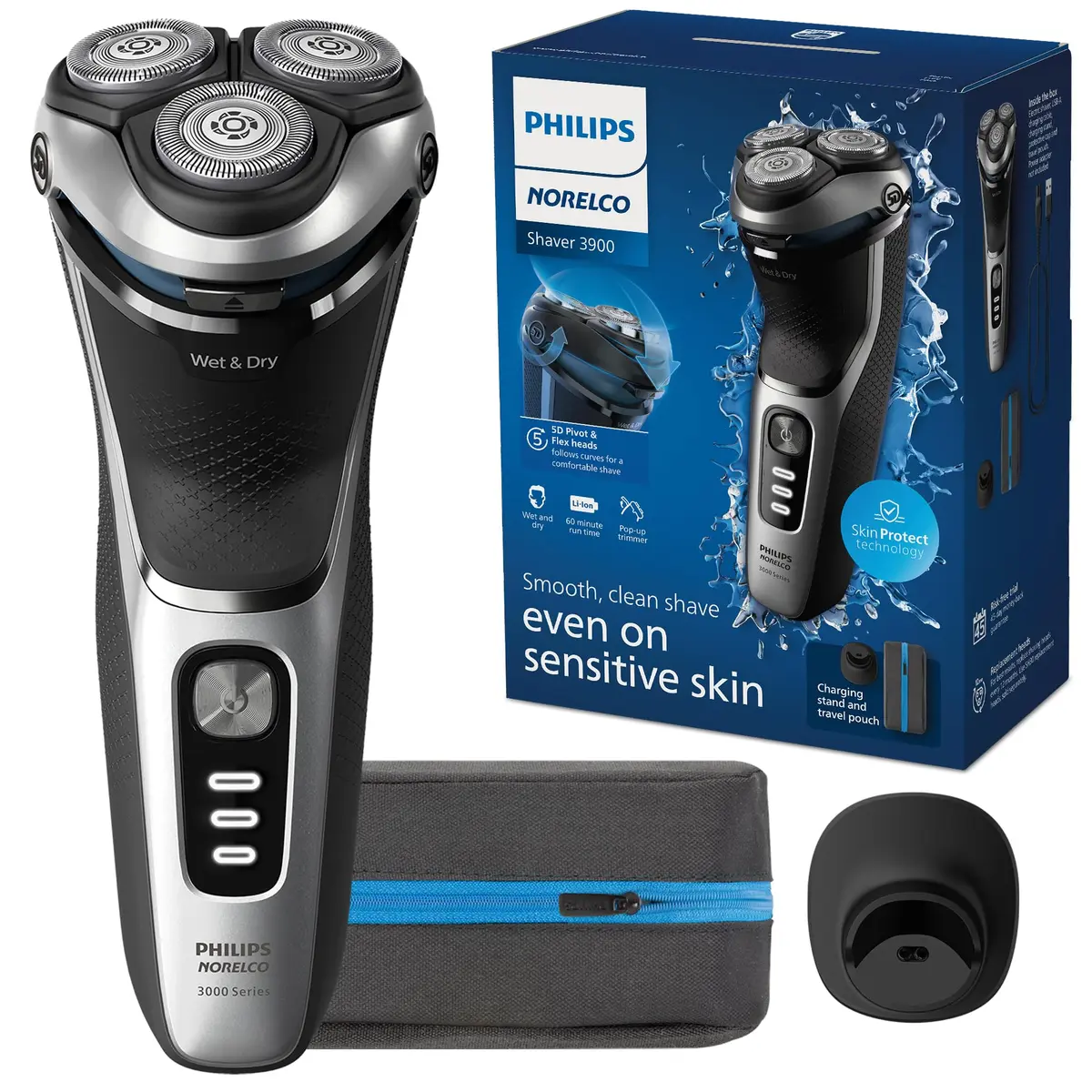 Philips Norelco 3900 Series Electric Shaver Storm Blue | Wet & Dry, Self-Sharpening Blades, 60 Min Battery - main product image