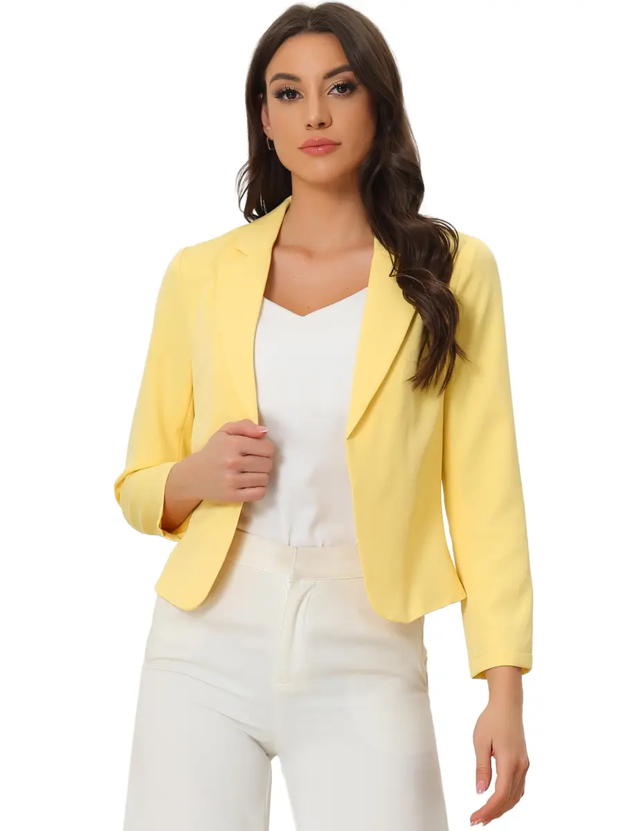 Allegra K Women's Open Front Crop Suit Blazer Medium Yellow-Solid | Lightweight Summer Office Wear - main product image