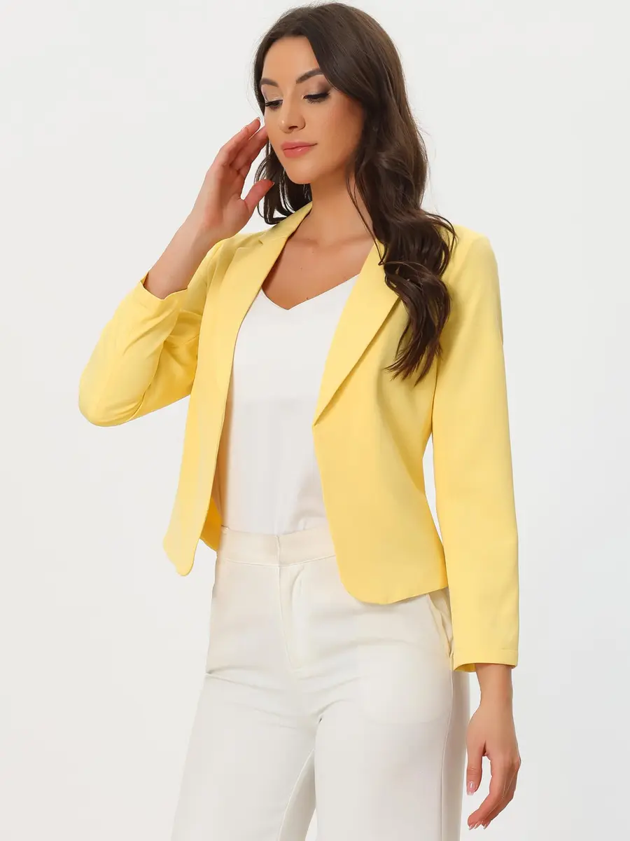 Allegra K Women's Open Front Crop Suit Blazer Medium Yellow-Solid | Lightweight Summer Office Wear - view 2