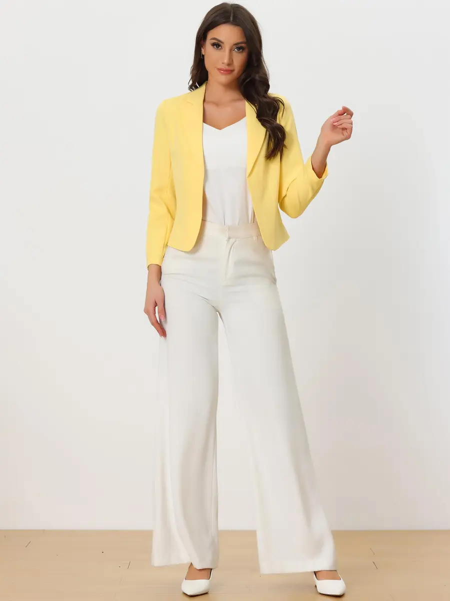 Allegra K Women's Open Front Crop Suit Blazer Medium Yellow-Solid | Lightweight Summer Office Wear - view 3